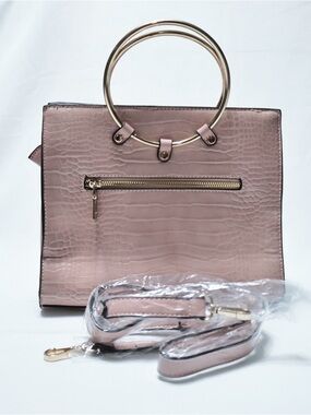 Croc-Embossed Ring Handle Satchel in Dusty Pink